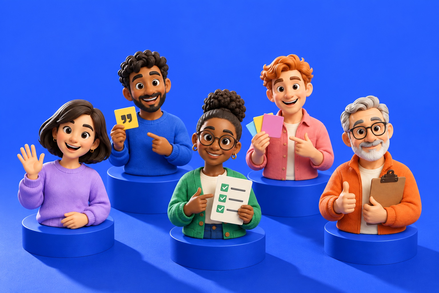The five Shop Crew characters staged as collectible figures on cobalt plinths