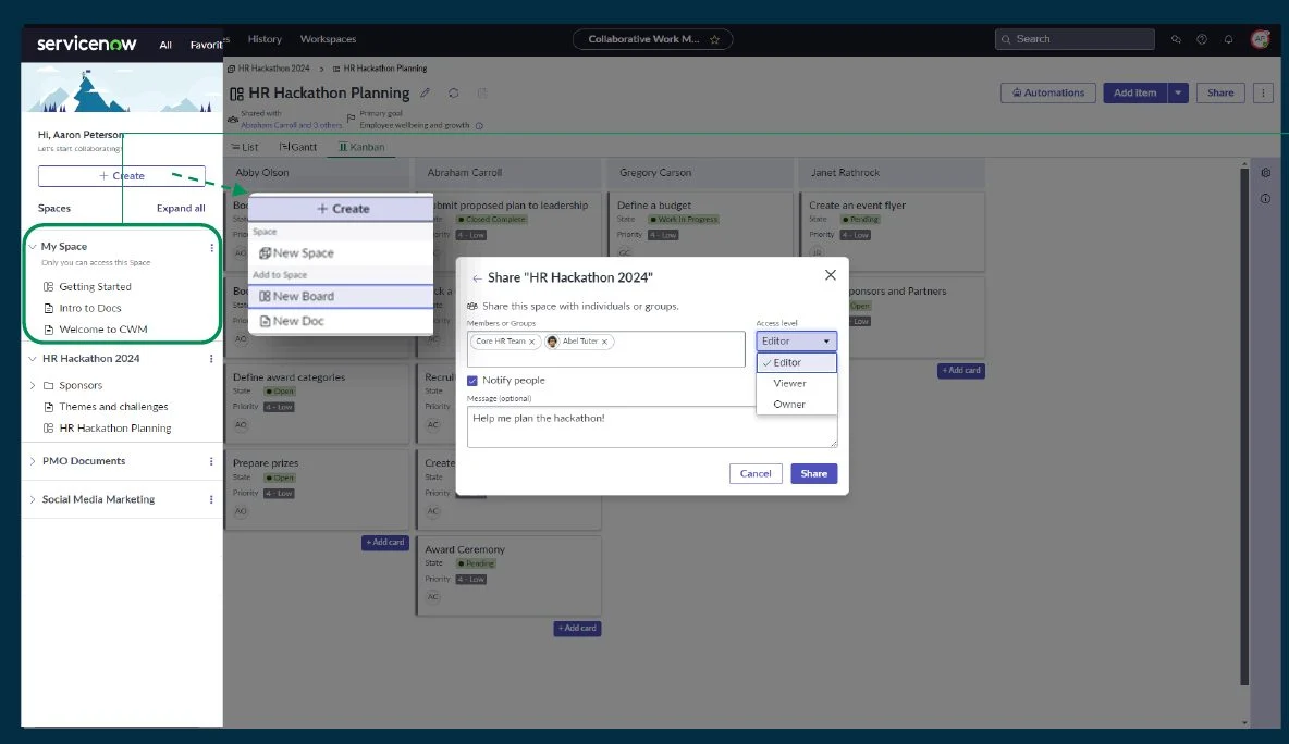 Team spaces and sharing controls