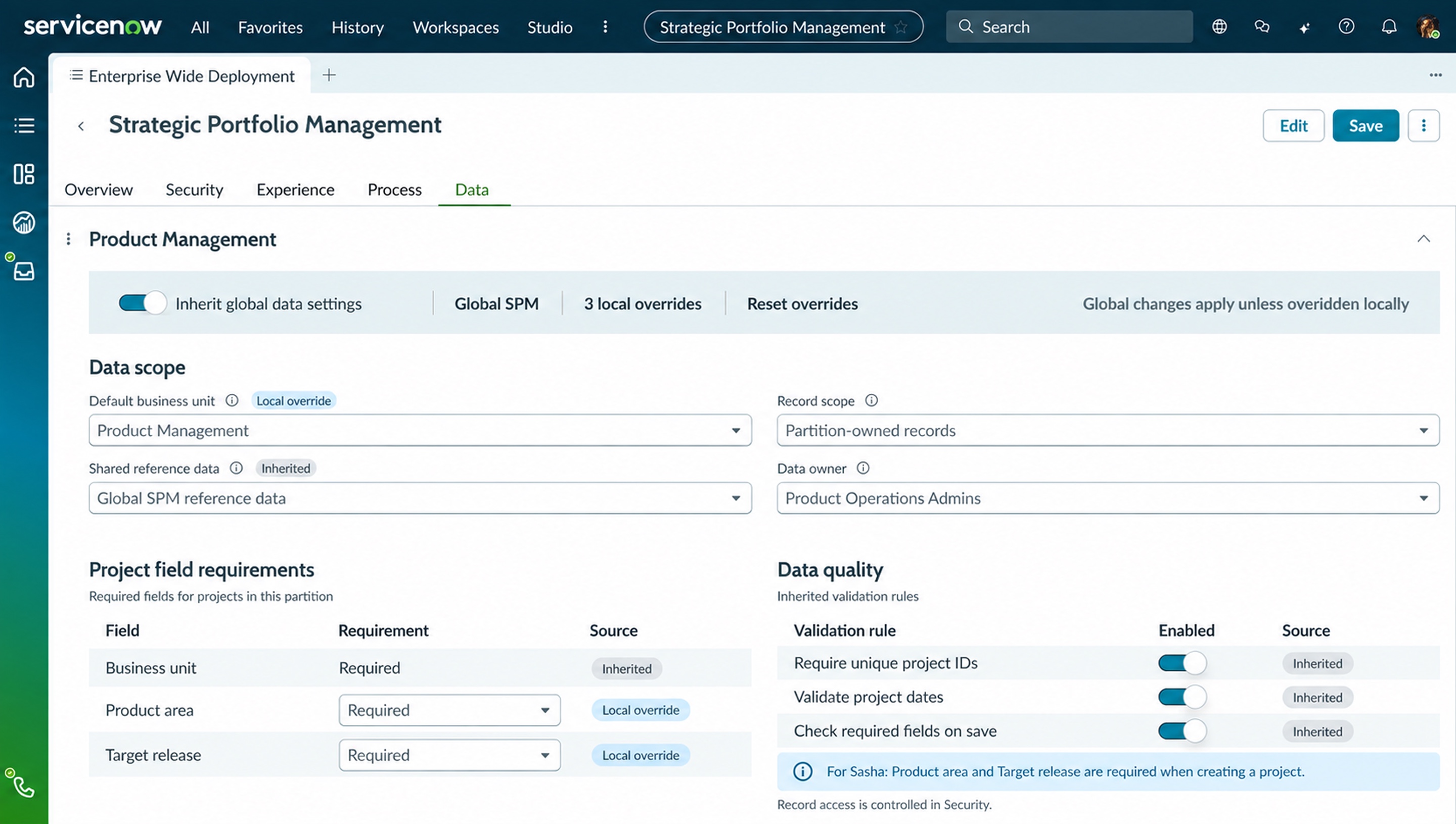 Data settings with inherited validation and local field requirements
