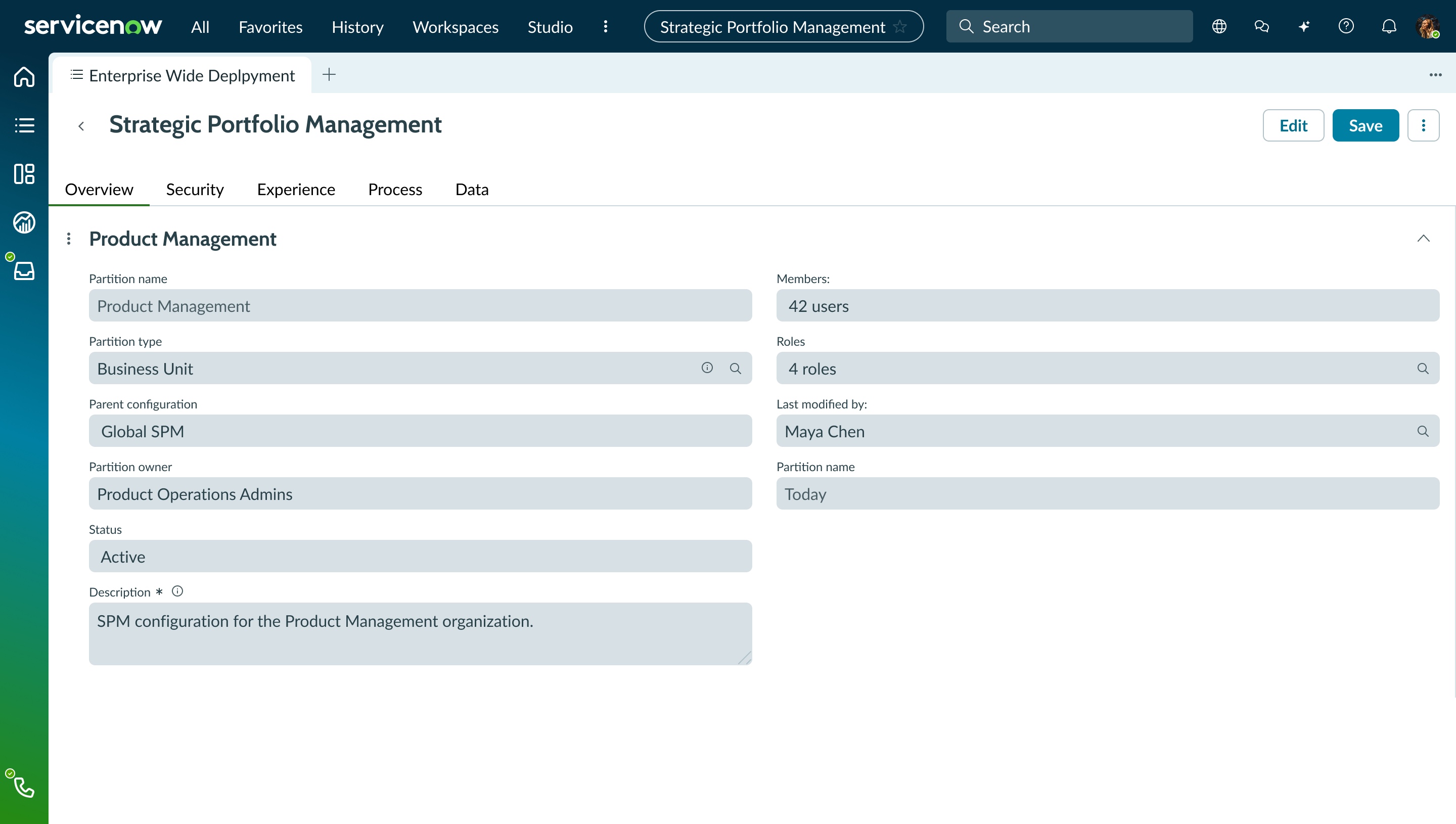 Partition overview with owner, parent configuration, roles and members