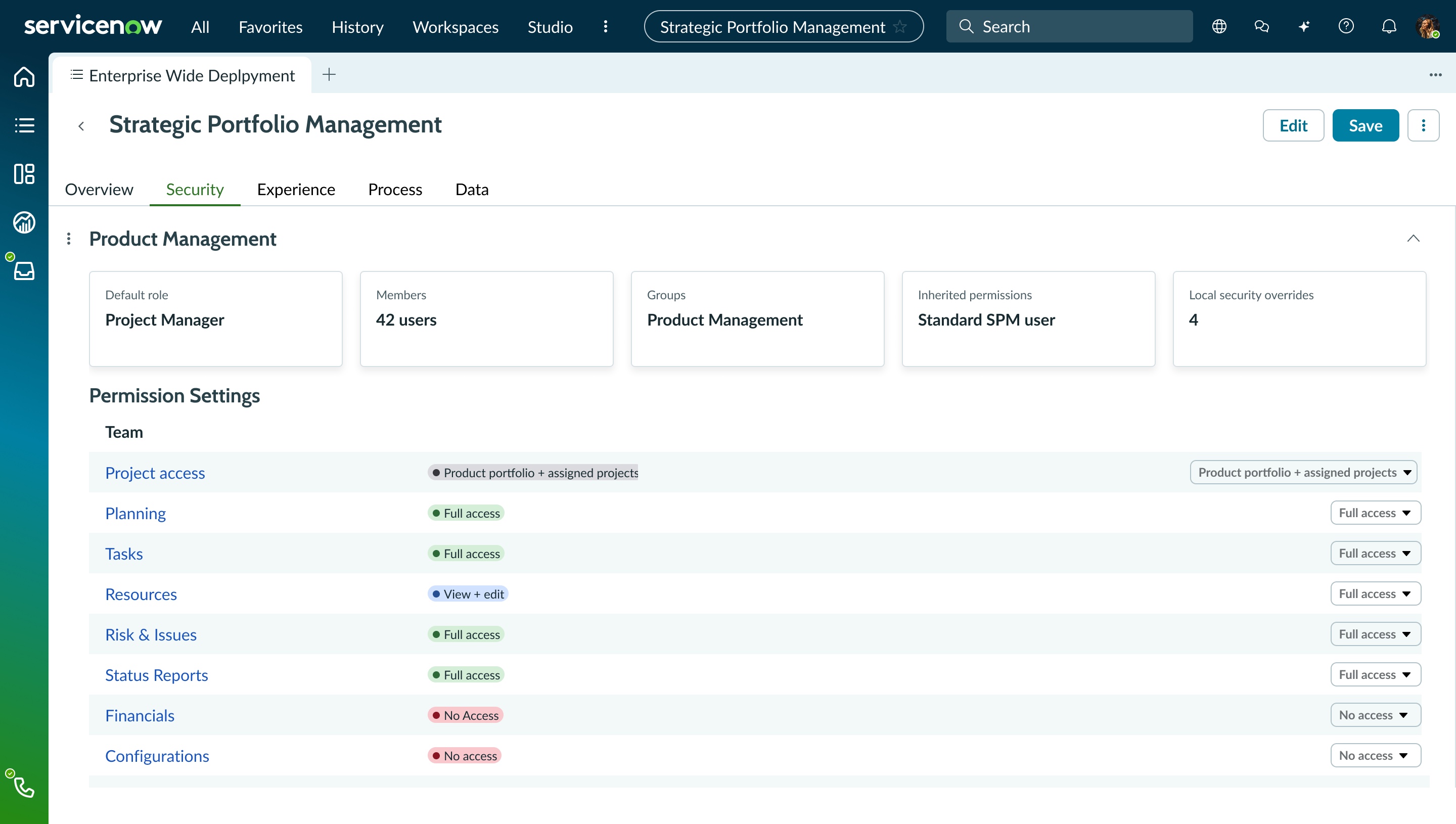 Security settings and permission levels