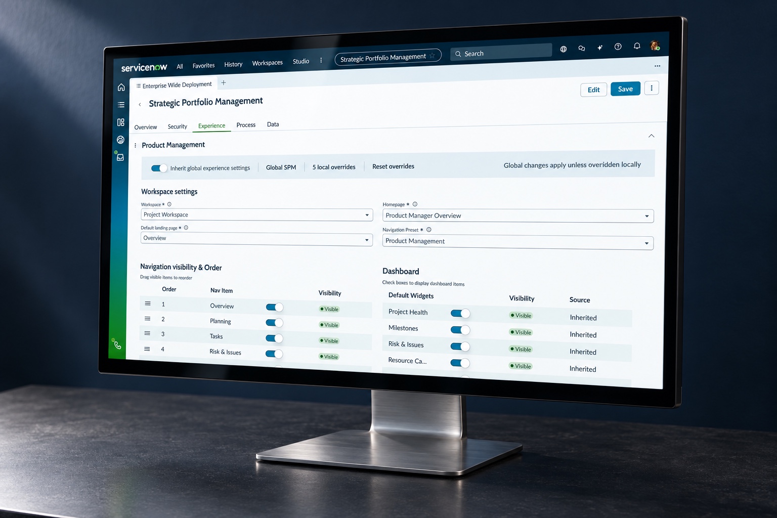 Experience settings presented on a photographed desktop monitor