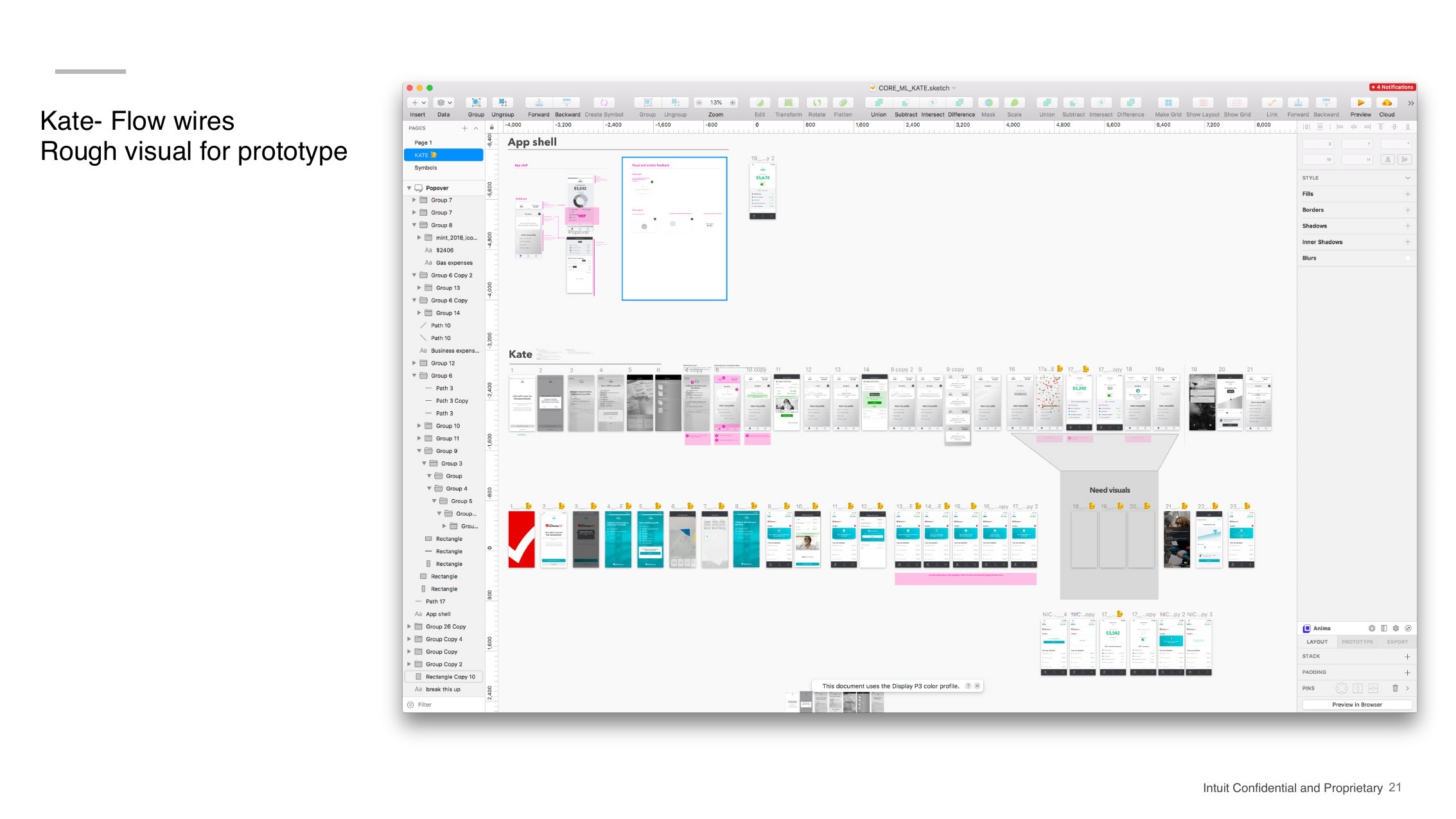 The full Kate prototype canvas with mobile screens connected into flows