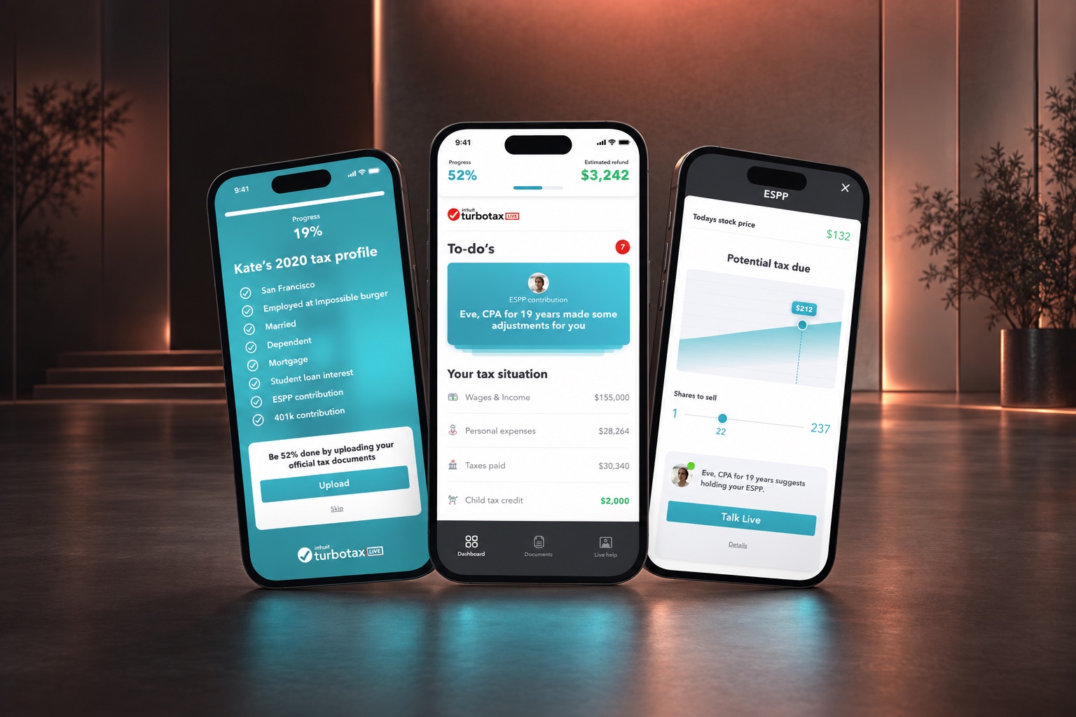 Three Kate Consumer AI and ML mobile screens centered in a warm architectural studio