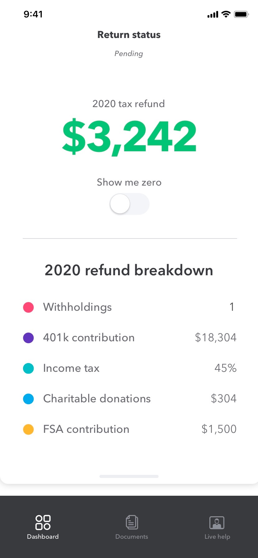 Refund breakdown with adjustable inputs