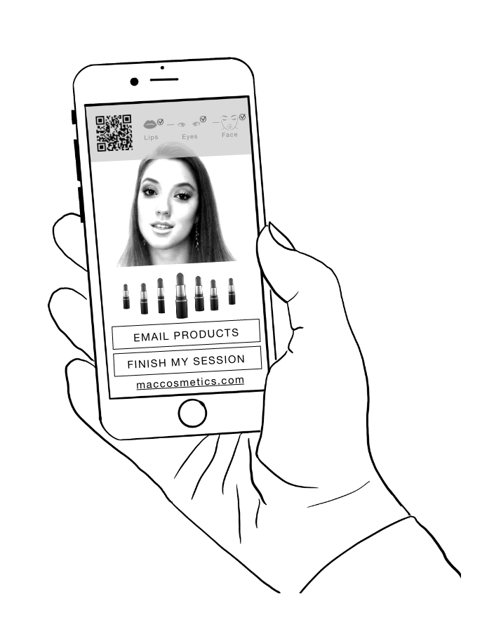 Illustrated phone showing a saved MAC session and products