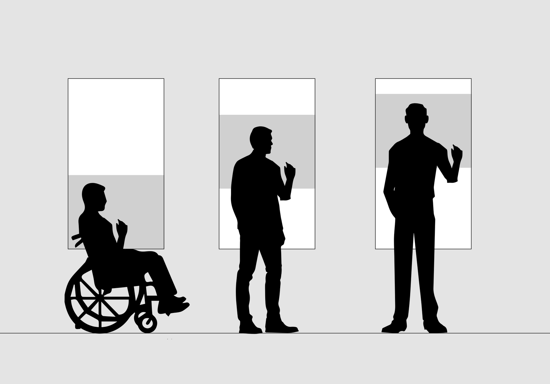 Reach range comparison for a wheelchair user, a shorter standing customer, and a taller standing customer