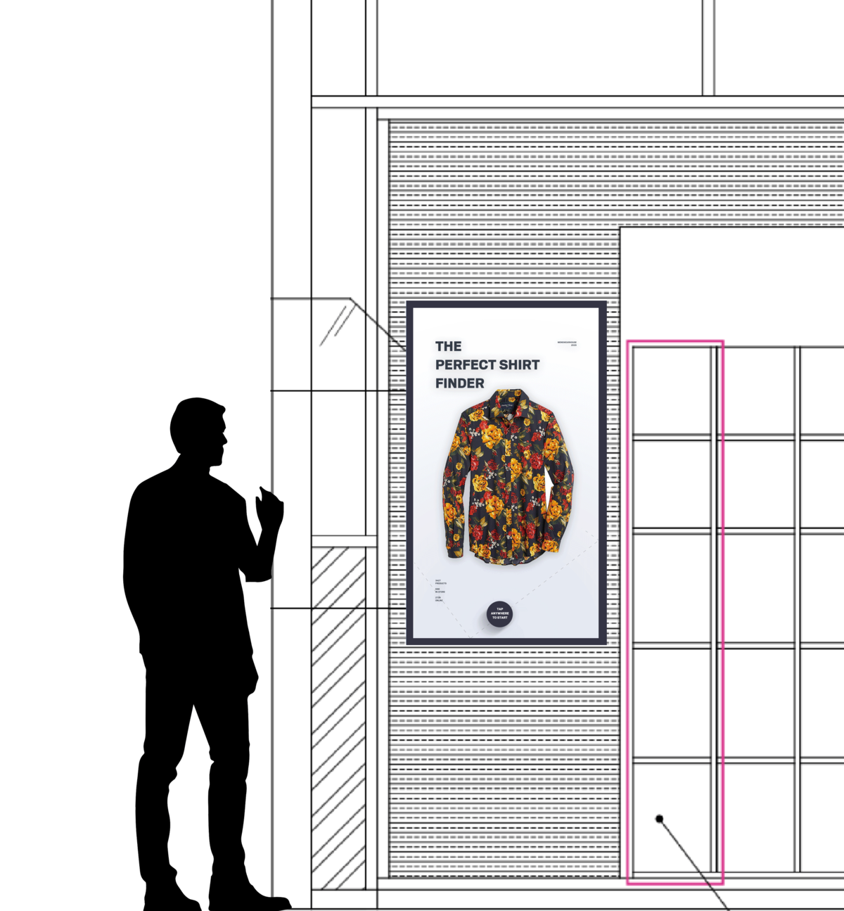 Store environment sketch showing a customer using the Perfect Shirt Finder beside the shirt wall
