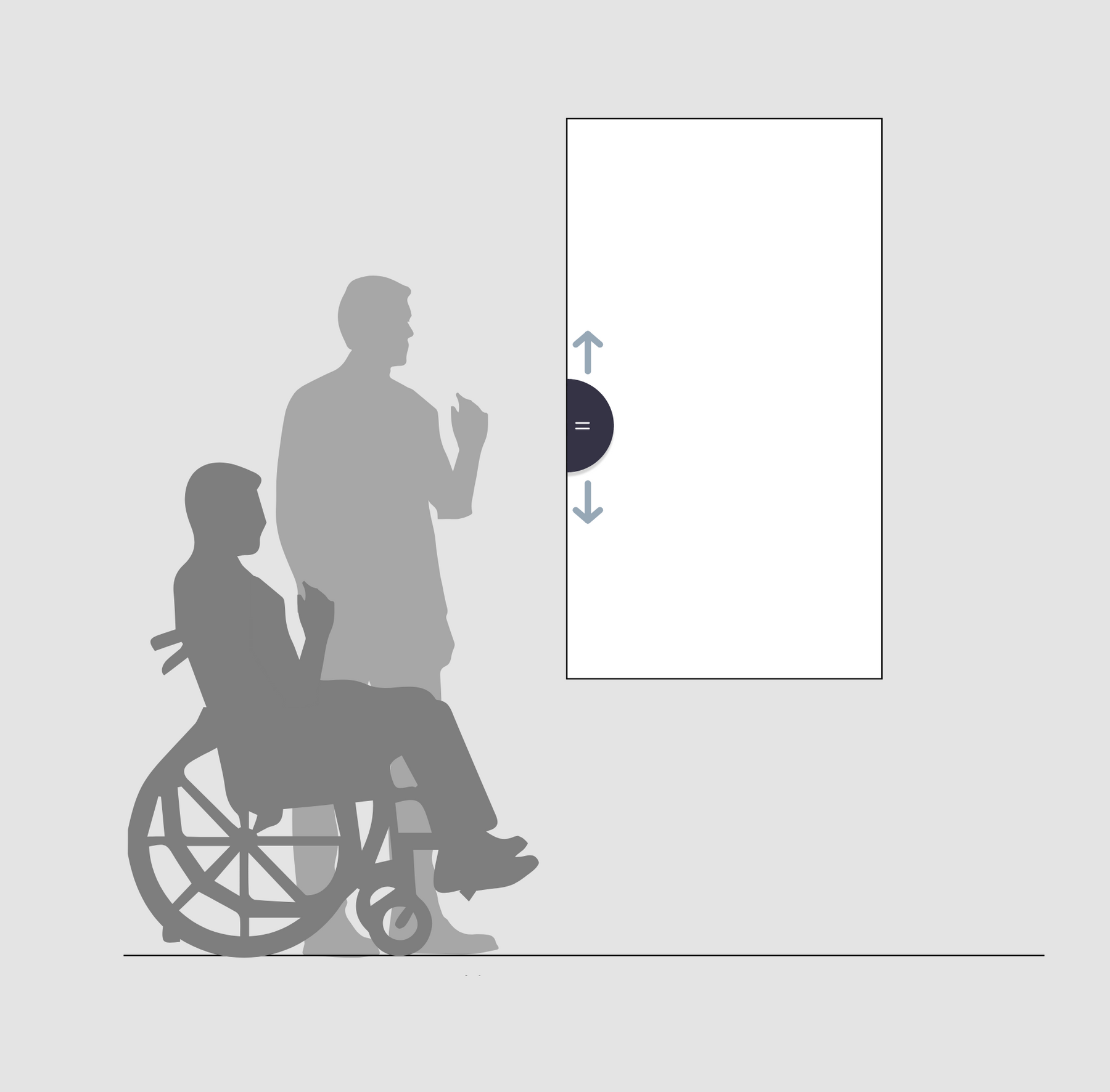 Shirt wall access study with a wheelchair user and a standing customer