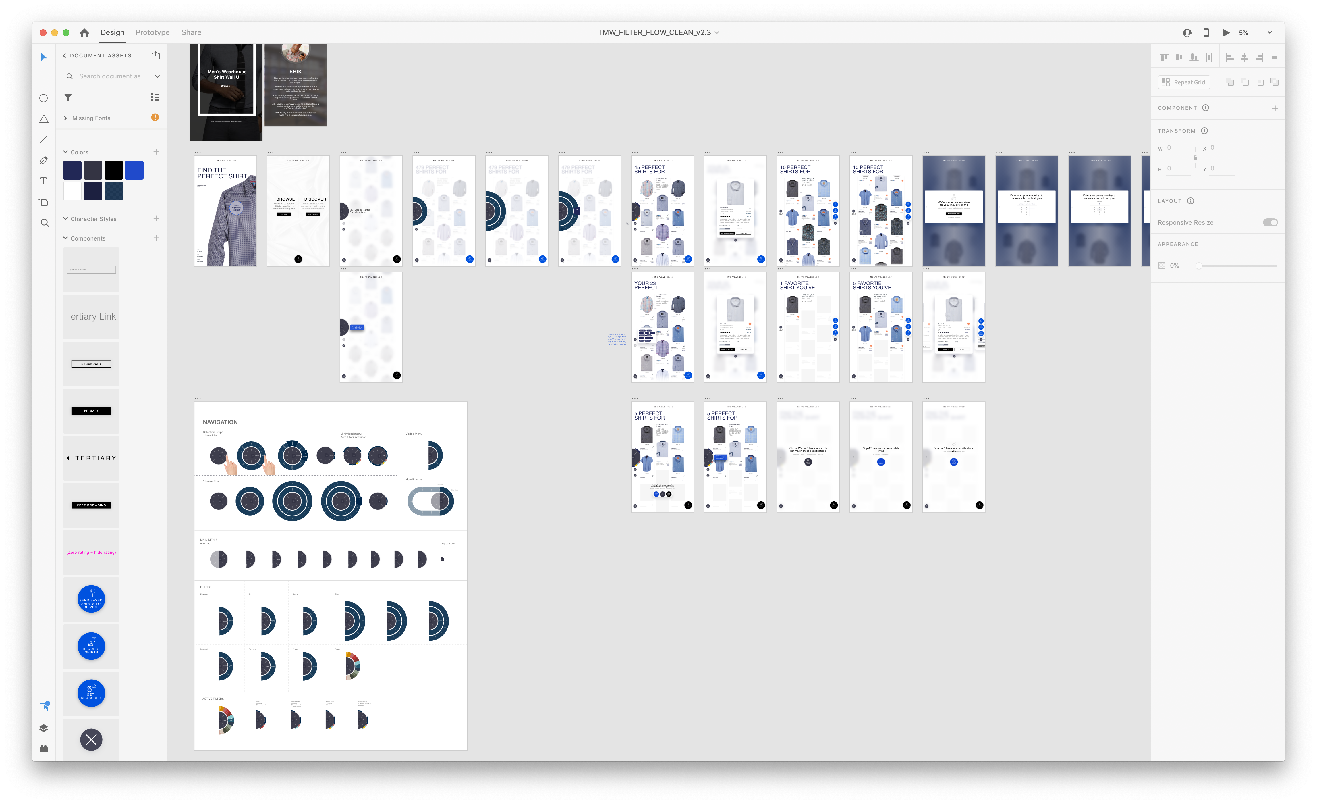 Complete Perfect Shirt Finder interface flow and interaction design canvas