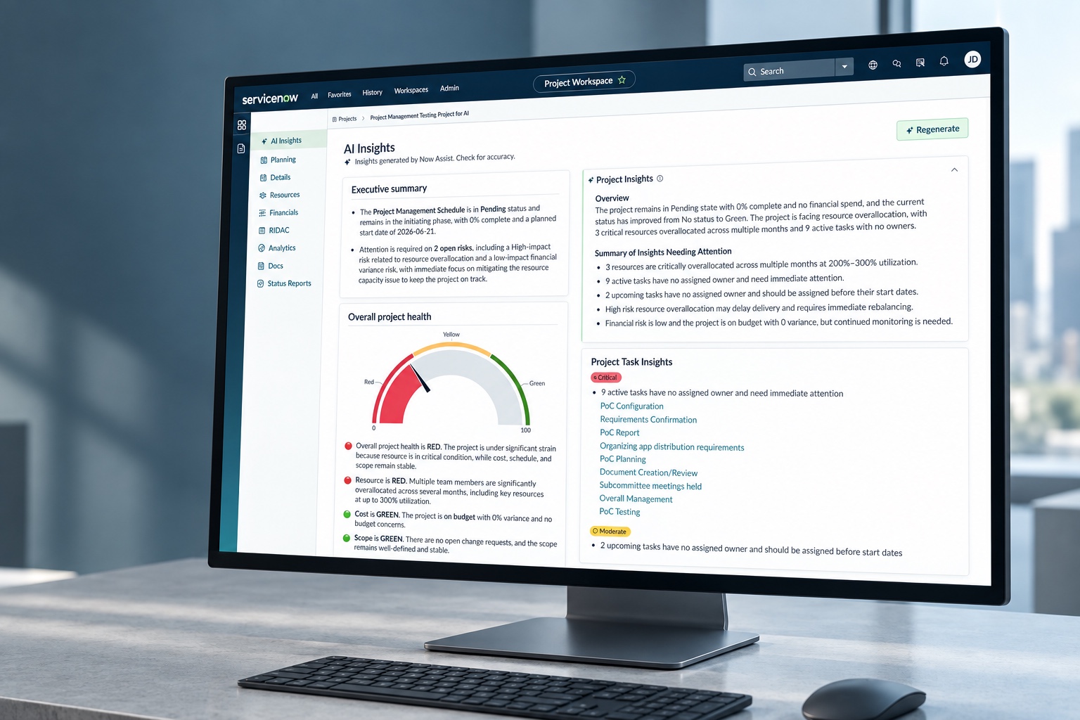 Project Workspace AI Insights on a desktop monitor in a minimal daylight office