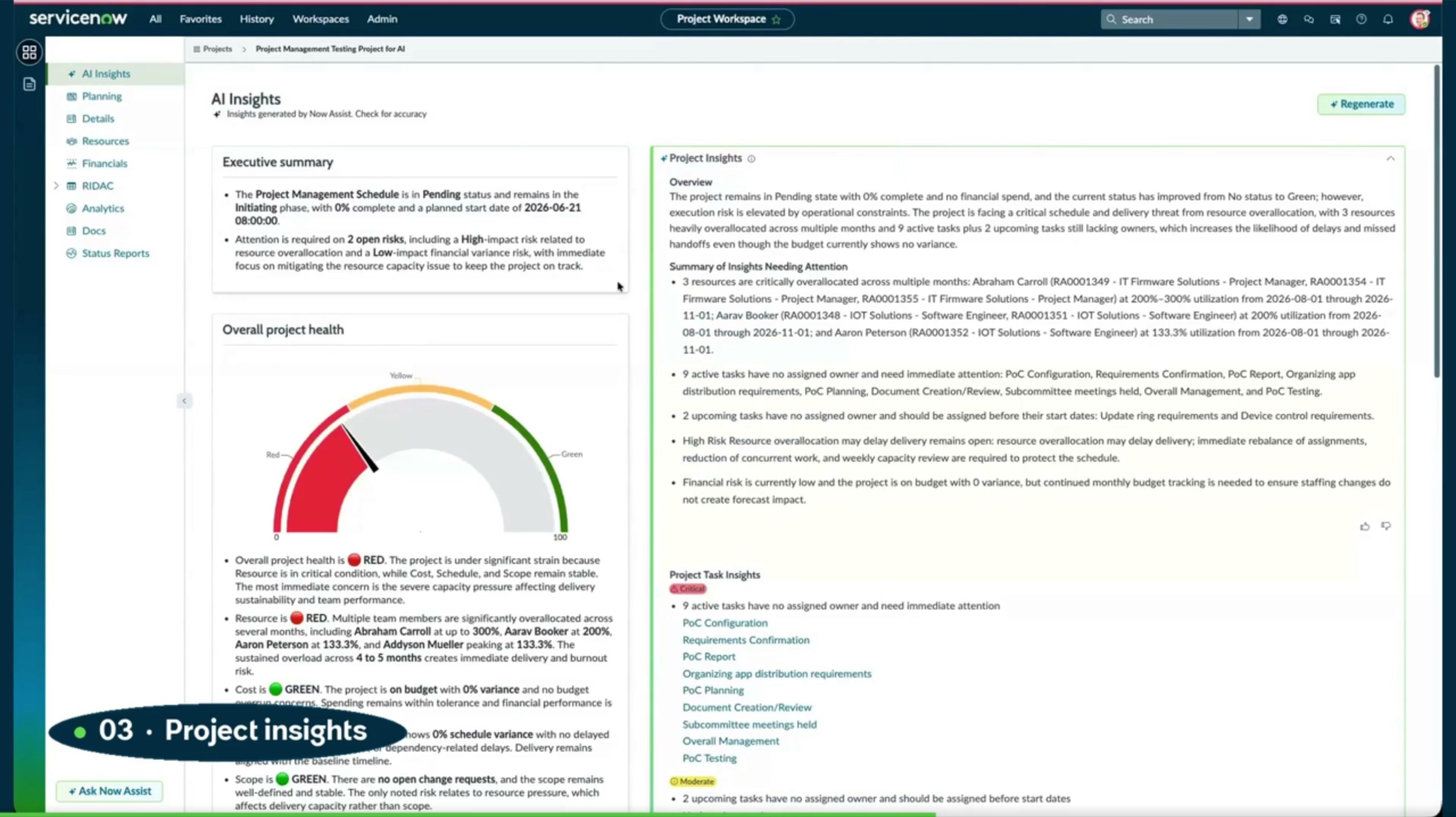 Project Workspace showing AI insights within the project