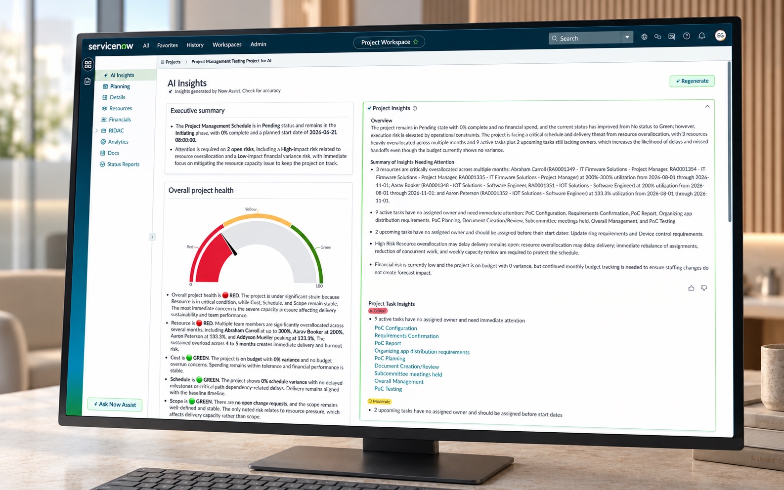 Office presentation of Project Workspace AI Insights with project health and contextual recommendations