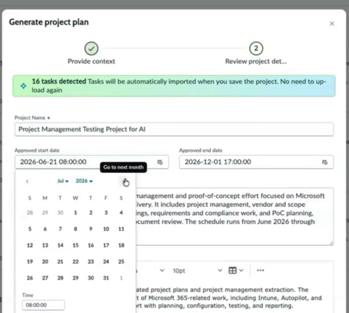 Generate project plan review dialog