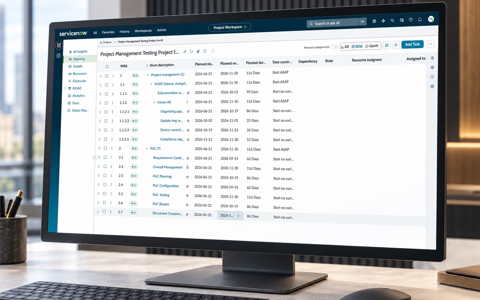 Office presentation of Generated project plan with task hierarchy, dates, and durations