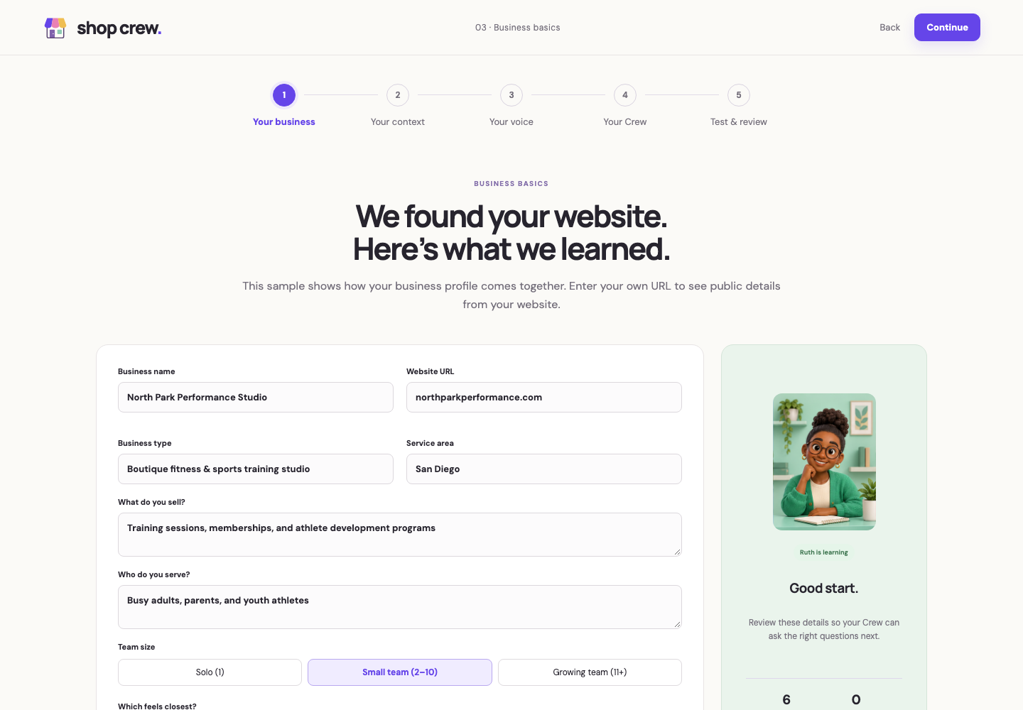 Shop Crew business profile confirmation screen
