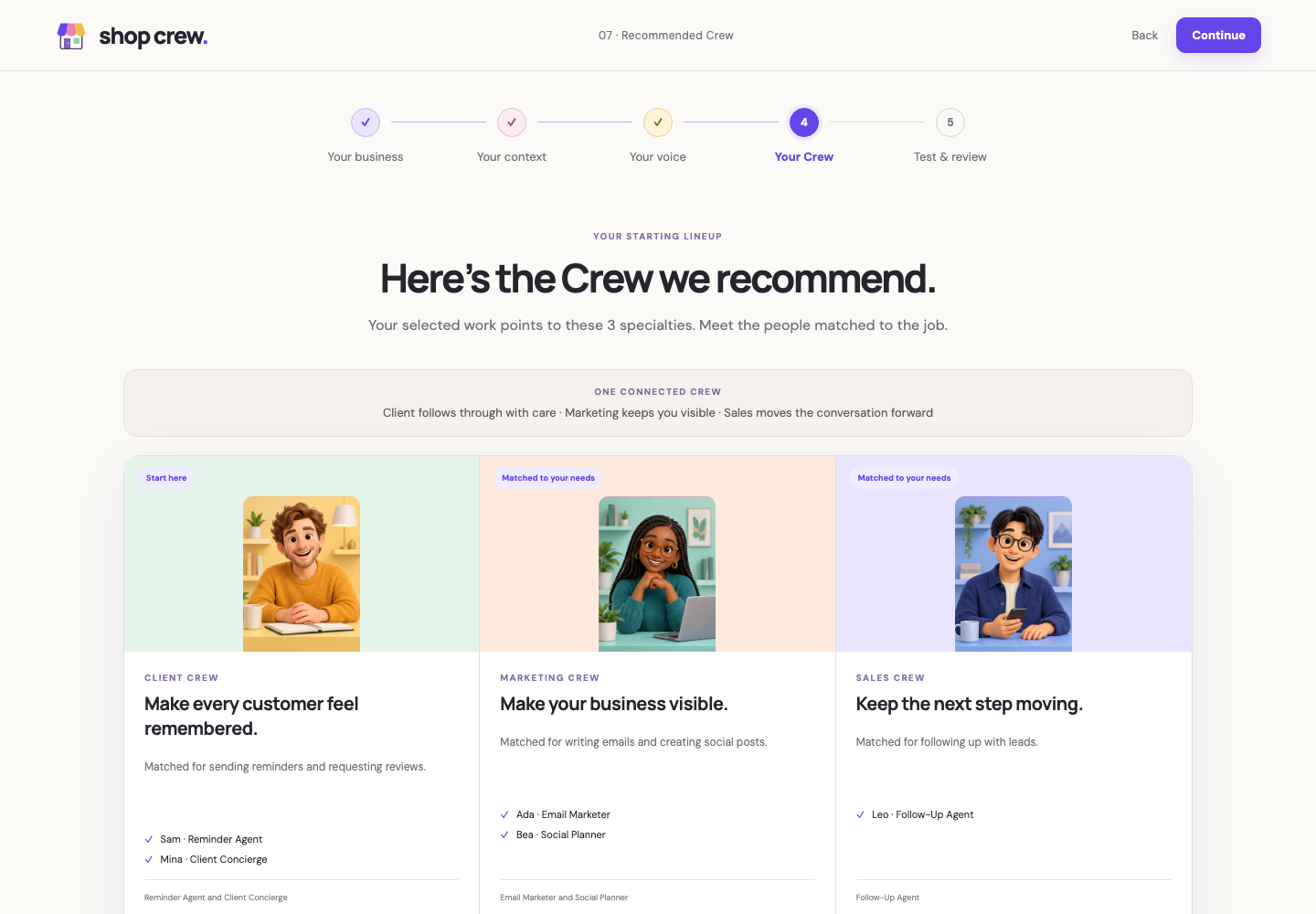 Shop Crew recommended Crew screen with three matched teams