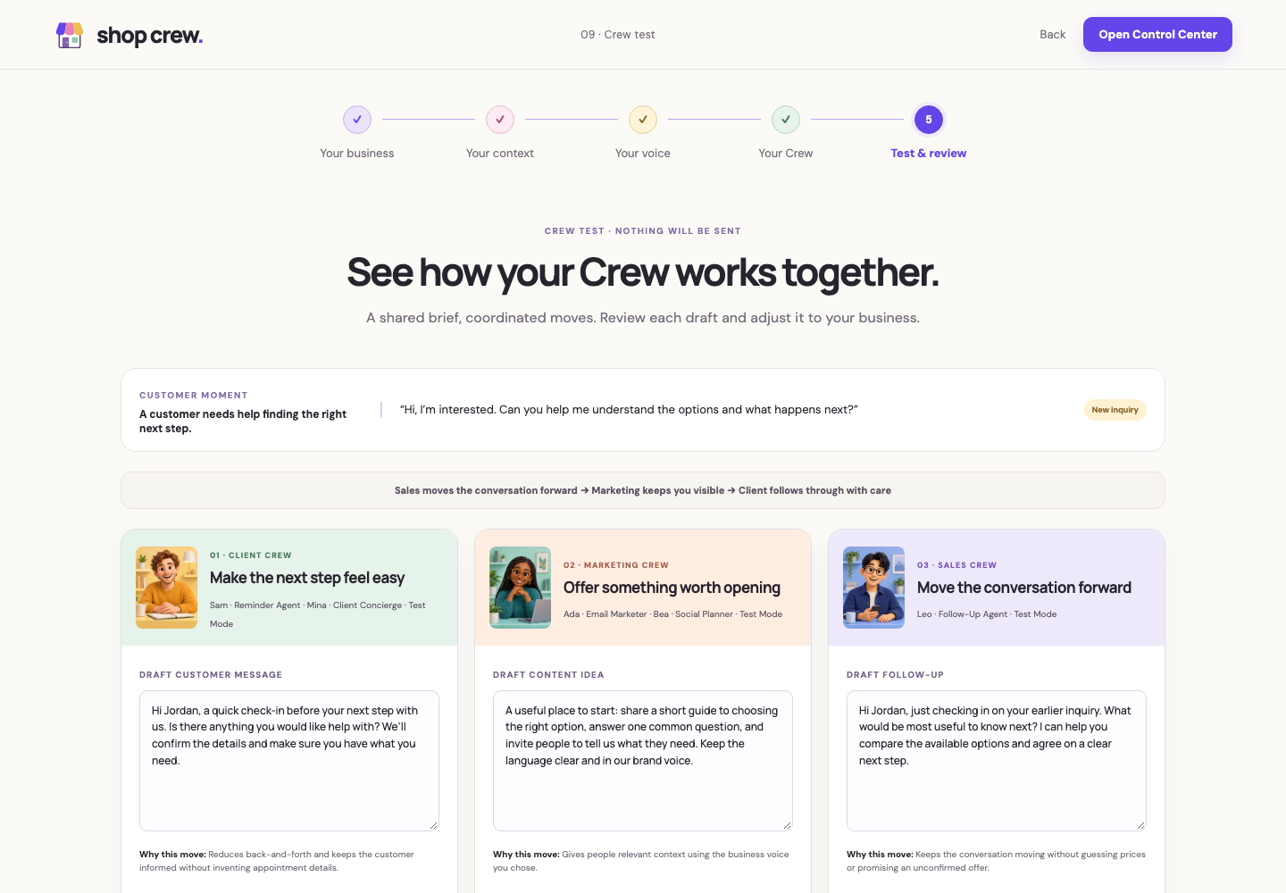 Shop Crew coordinated test showing customer care, marketing, and sales drafts