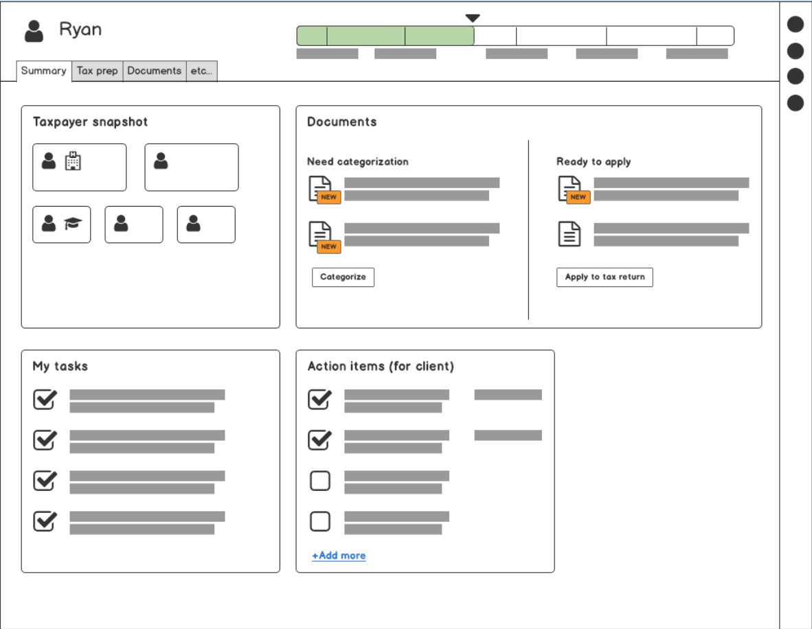 TurboTax Live expert workspace wireframe with customer snapshot, documents, tasks, action items, and team