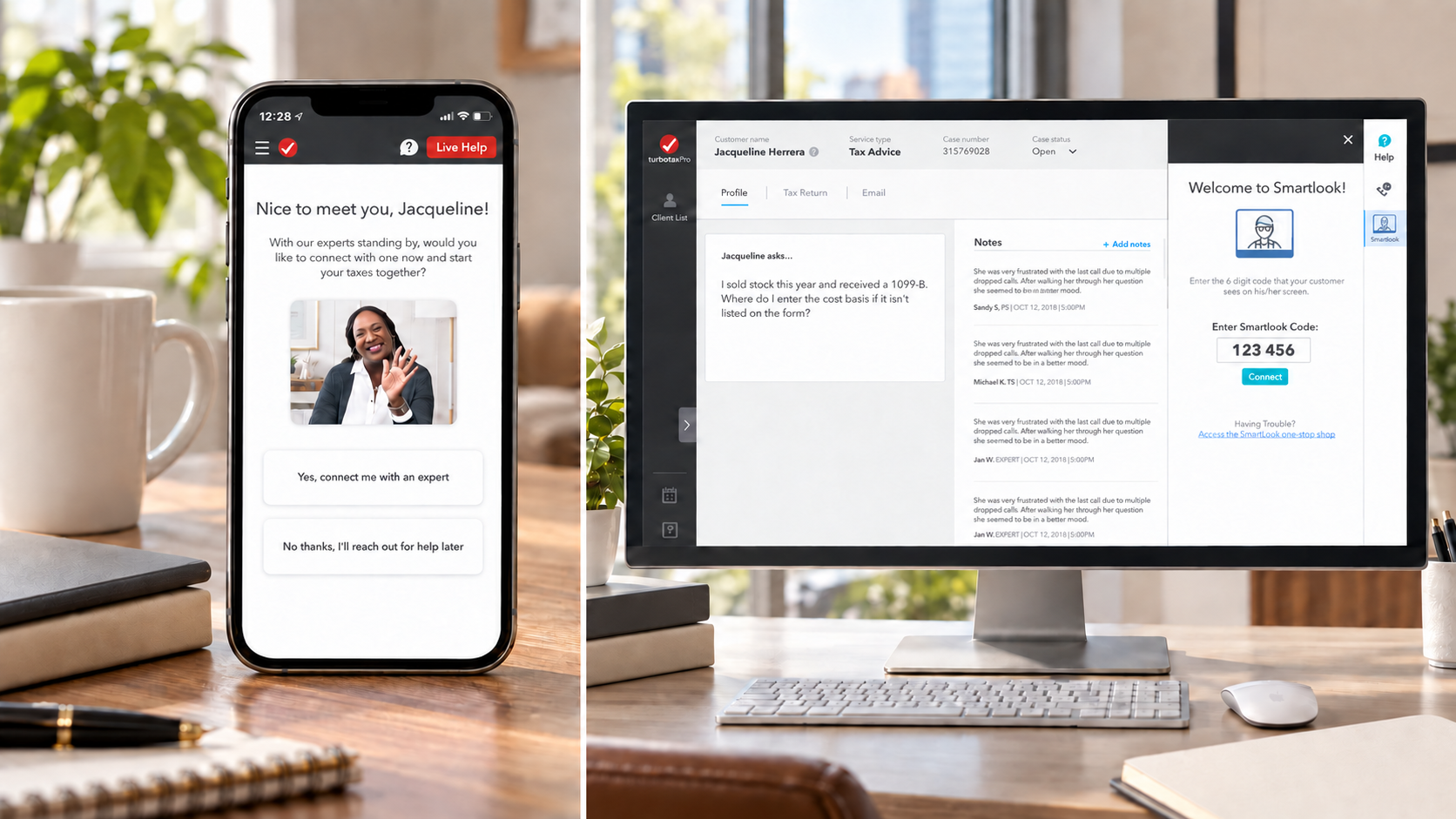 Side-by-side contextual mockups of the TurboTax Live consumer experience and CPA Portal workspace