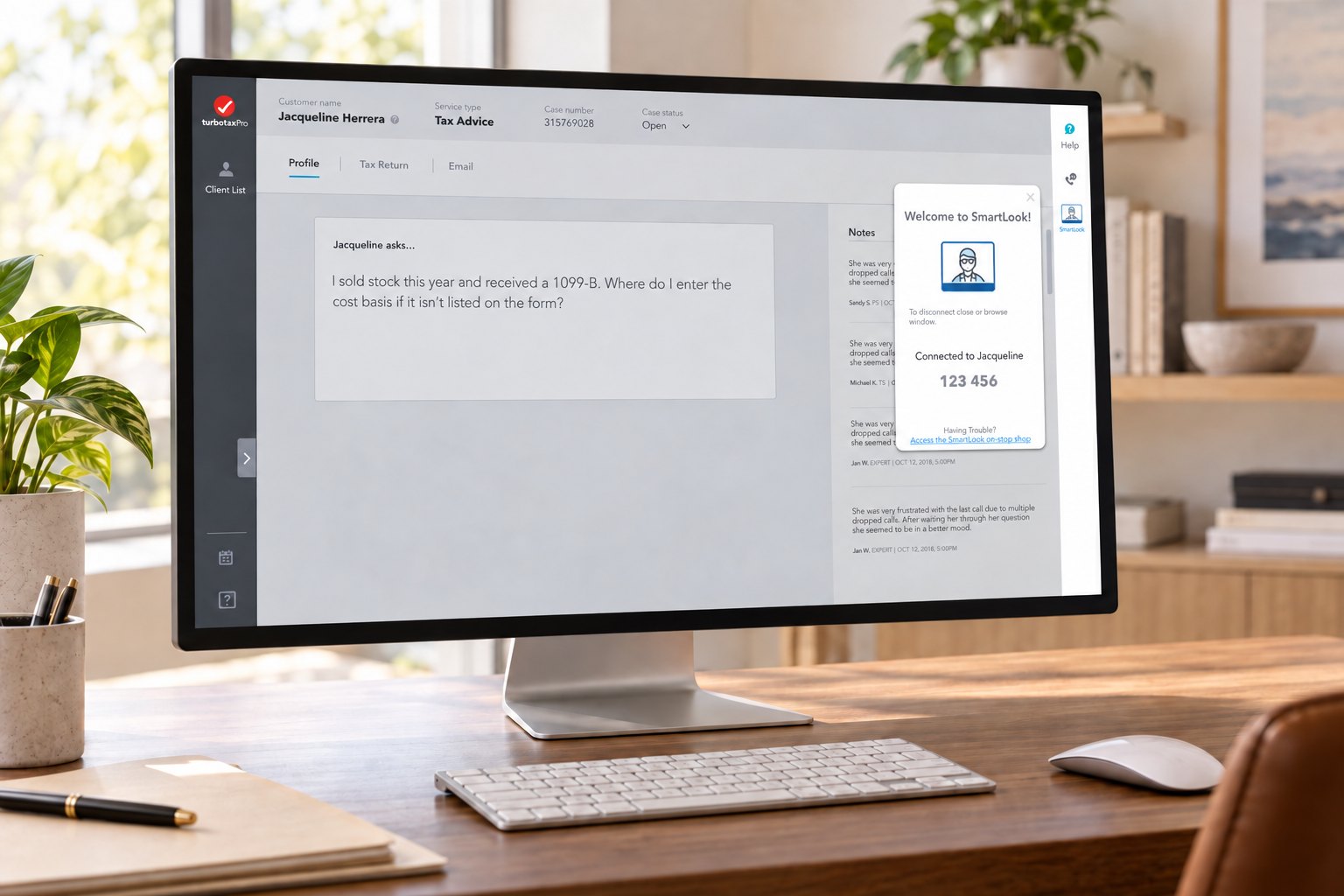 TurboTax Pro expert workspace displayed on a desktop monitor in a modern CPA office