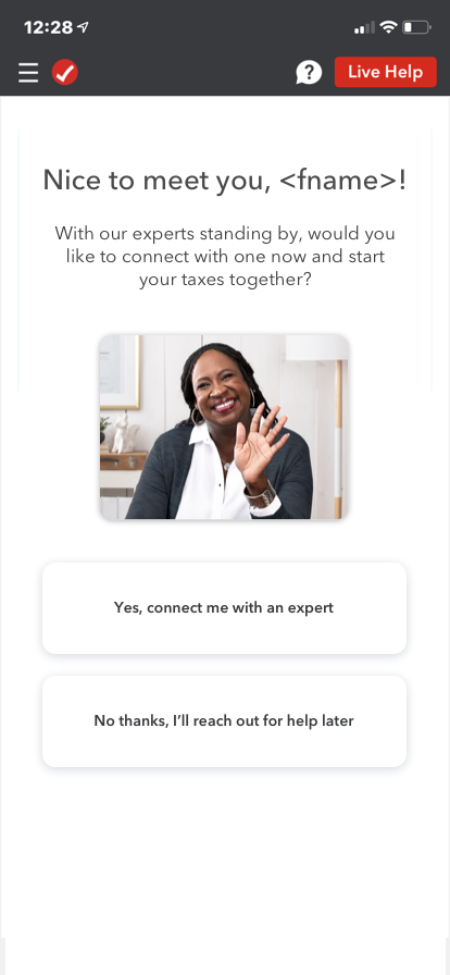 TurboTax Live screen introducing the customer to a named tax expert