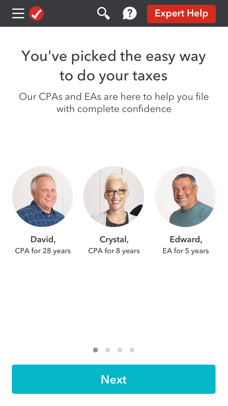 TurboTax Live welcome screen introducing available tax experts