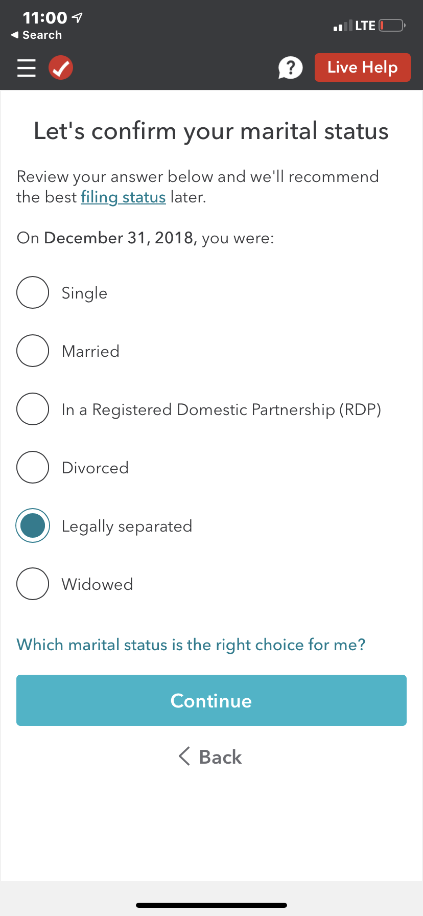 TurboTax filing-status confirmation screen with Live Help available