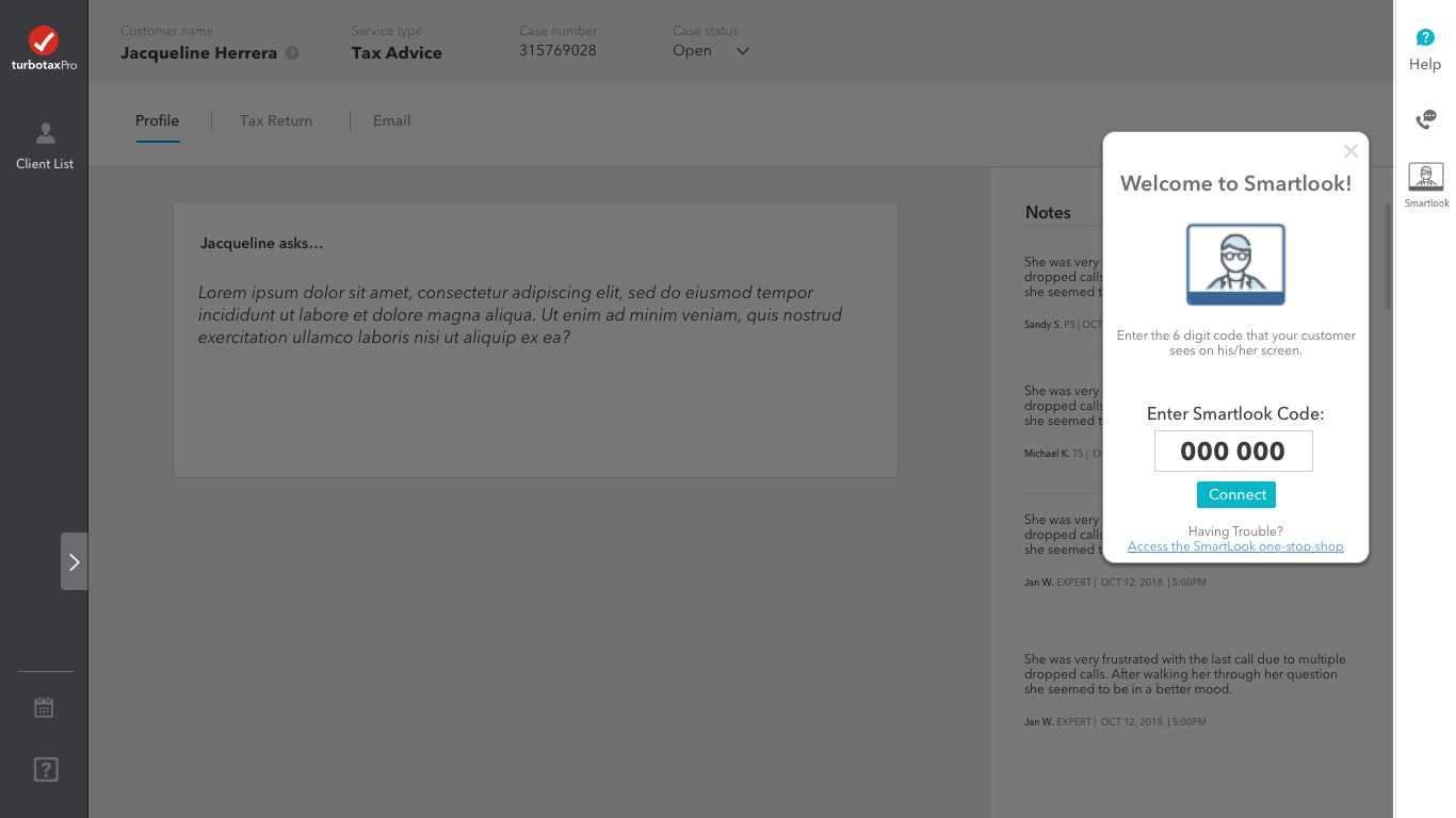 SmartLook panel requesting a six-digit customer code