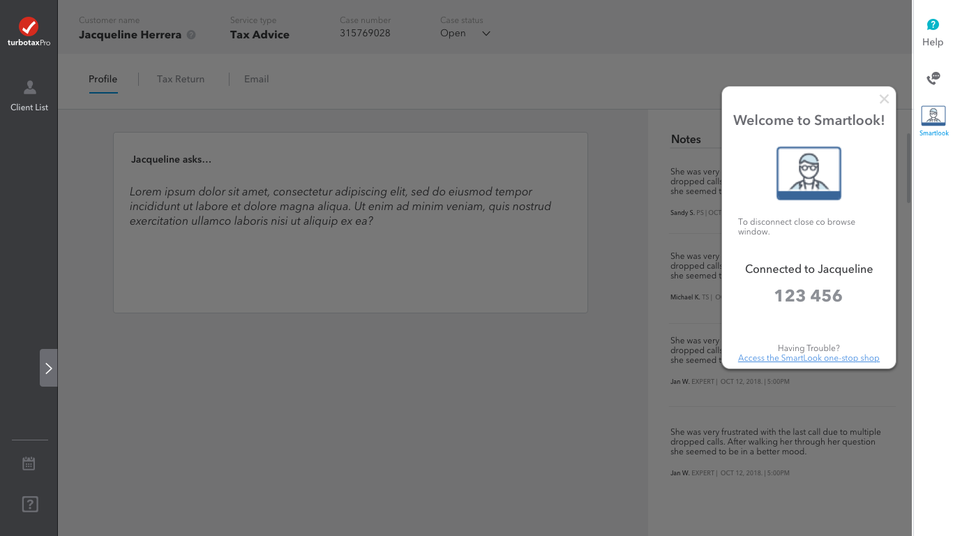 SmartLook panel confirming connection to the named customer