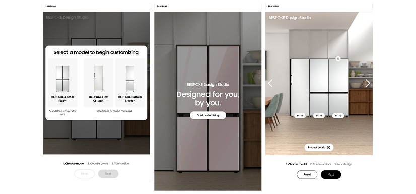 BESPOKE Design Studio — 3-step model, color, and visualization flow